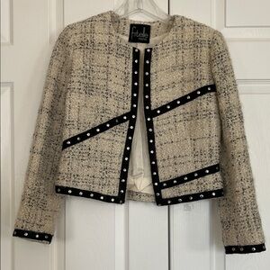 Vintage Fitelle Paris Cream and Black Wool Blend Tweed Blazer Studded Black Trim